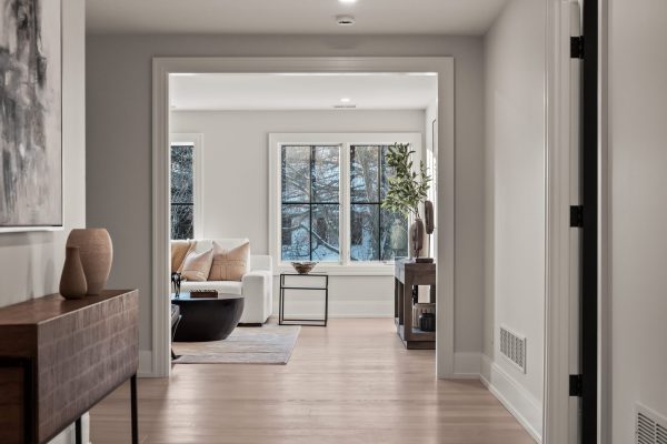 a view of a living room with a large window