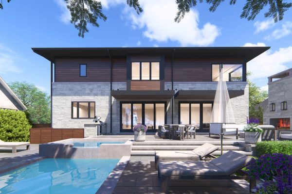 a house with a pool in front of a building