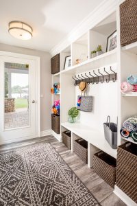 A newly renovated mudroom for a modern family.